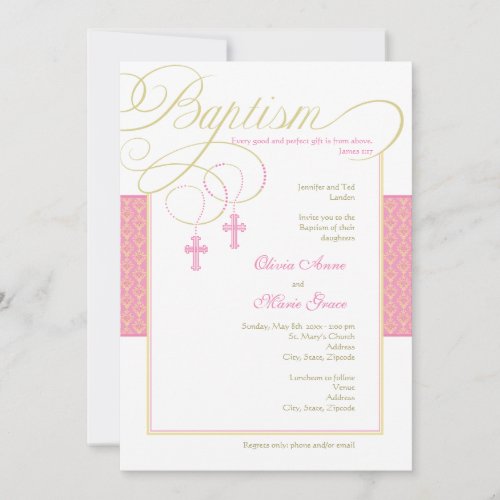 Girl Twins Damask Baptism Invitation