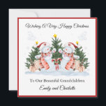 Girl Twins First Second Christmas Snowman Card<br><div class="desc">This Christmas card is suitable for twin girls on their first,  second or third Christmas. The design includes a red border outline,  light blue snowflakes,  watercolour Christmas trees,  candy canes,  presents and twin snowmen.</div>