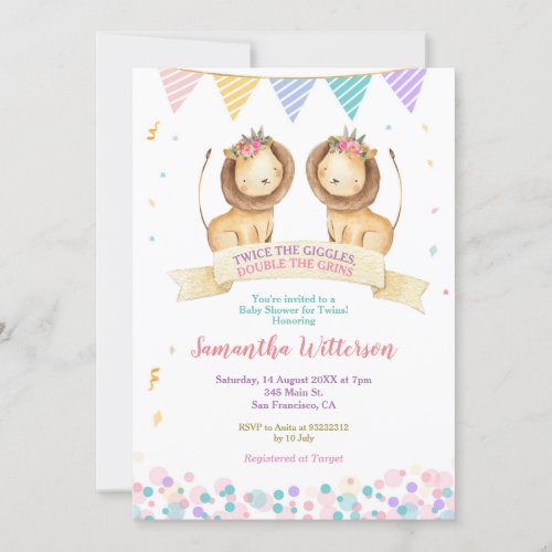 Girl Twins Lion Cubs Baby Shower Twice the Giggles Invitation