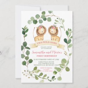 Girl Twins Lion Cubs Birthday Greenery Invitation