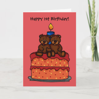 girl twins on a 1st birthday cake card