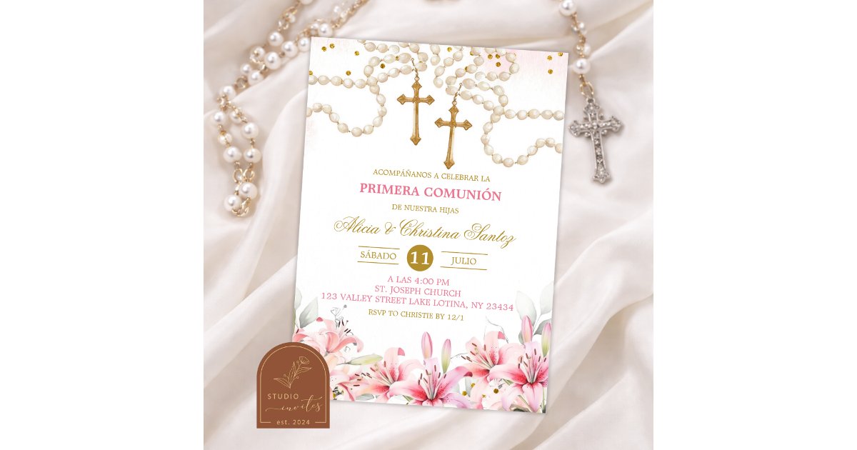 Girl Twins Pink Lily Floral Rosary First Holy Comm Invitation | Zazzle