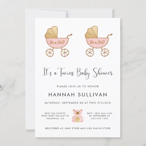 Girl Twins Retro Carriage Watercolor Shower Invitation