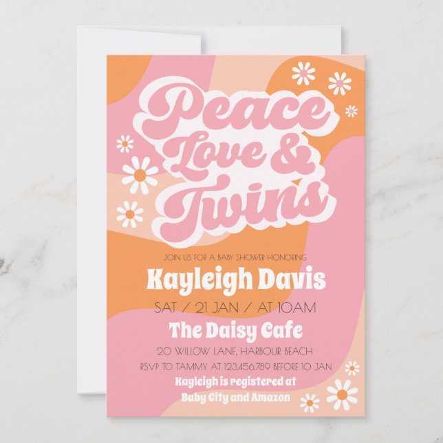 Girl Twins Retro Groovy 70s Baby Shower Invitation (Front)