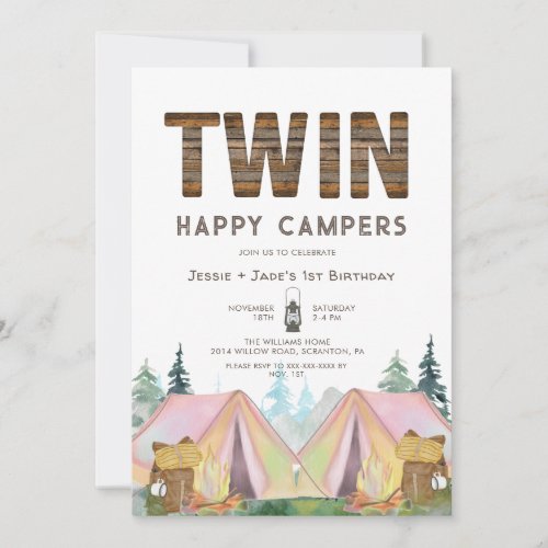 Girl Twins Rustic Happy Camper Birthday Invitation