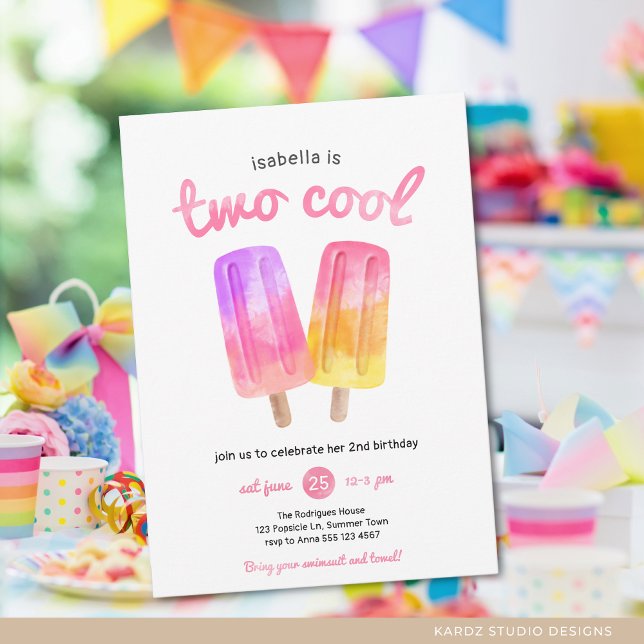 Girl Two Cool Popsicle Summer Party Birthday Invitation (Invite shown in 5 x 7 inches with square corner, choose size, paper and corner style before checkout)