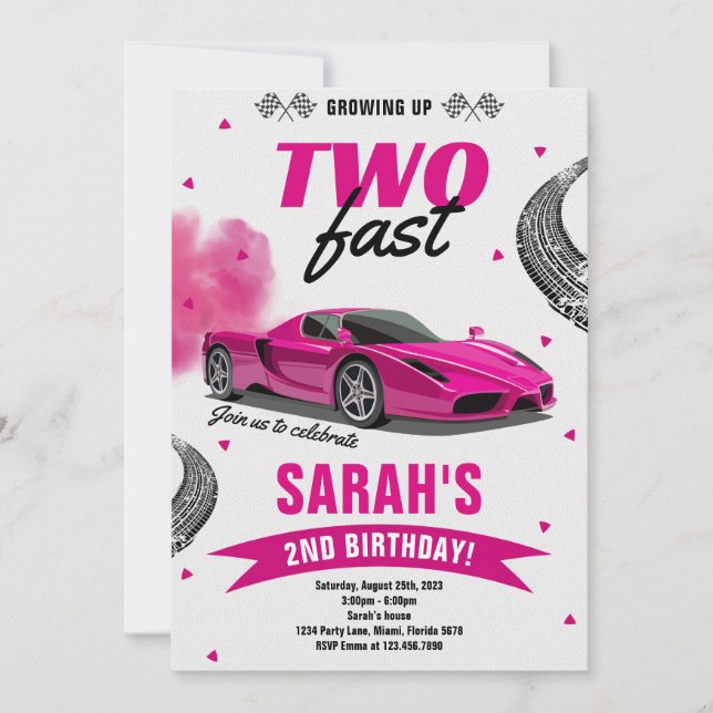 Girl Two Fast Race Car 2nd Birthday Invitation (Front)