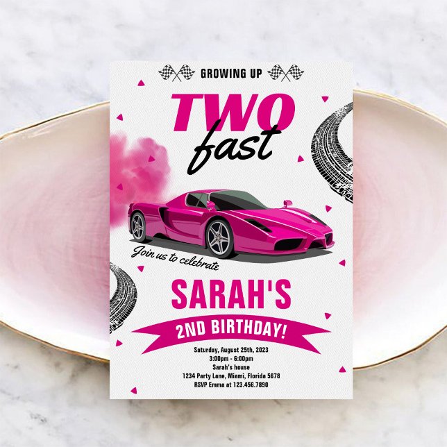 Girl Two Fast Race Car 2nd Birthday Invitation (Creator Uploaded)