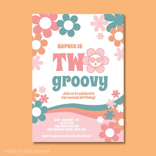 Girl Two Groovy 2nd Birthday Invitation (Two Groovy party invitation. Cool Daisy and retro daisies for a girl birthday invitation.)