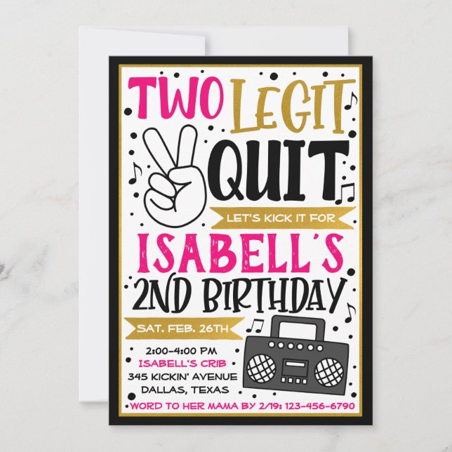 Girl Two Legit to Quit Invitation, 2nd Birthday Invitation (Front)