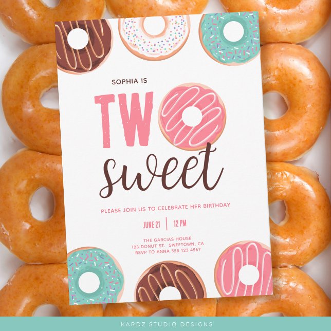 Girl Two Sweet Donut 2nd Birthday Party Invitation (2nd Birthday Party Invitation with a cute doughnut design. Buy prints or digital download.)