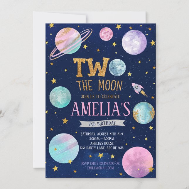 Girl Two The Moon Birthday Invitation (Front)
