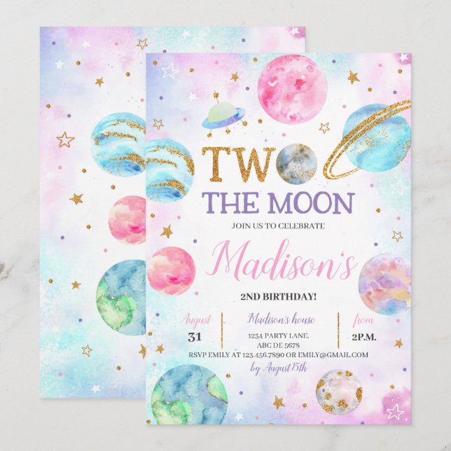 Girl Two The Moon Space Birthday  Invitation (Front/Back)