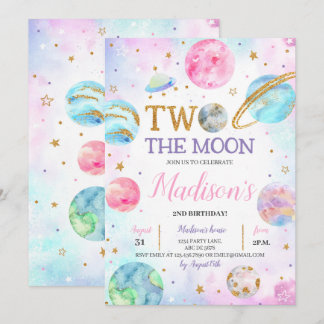 Girl Two The Moon Space Birthday  Invitation