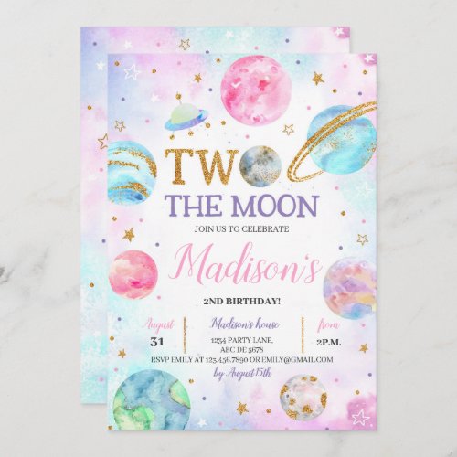 Girl Two The Moon Space Birthday  Invitation