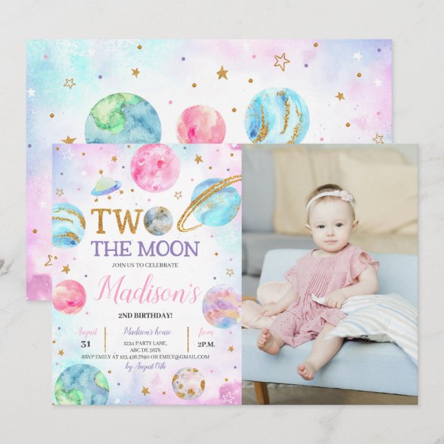 Girl Two The Moon Space Birthday Photo Invitation (Front/Back)