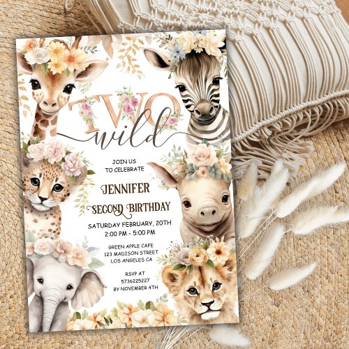 Girl TWO Wild Safari Animals 2nd Birthday Invitation