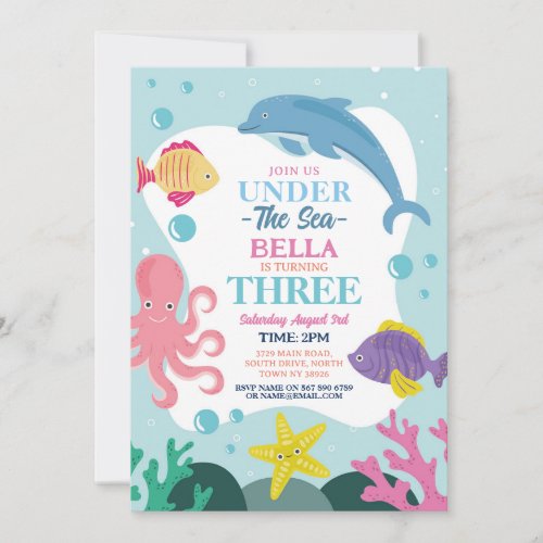 Girl Under The Sea THREE Ocean Dolphin Octopus 3rd Invitation