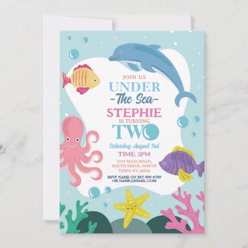 Girl Under The Sea TWO Ocean Dolphin Octopus 2nd Invitation