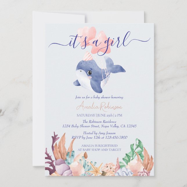 Girl Under the Sea Whale Watercolor Baby Shower Invitation (Front)