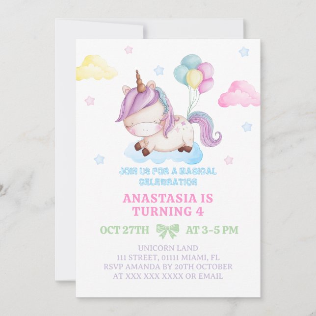 Girl Unicorn 4th Birthday Magical Party Invitation (Front)