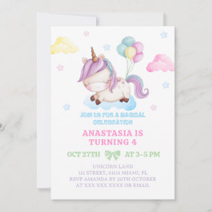 Girl Unicorn 4th Birthday Magical Party Invitation