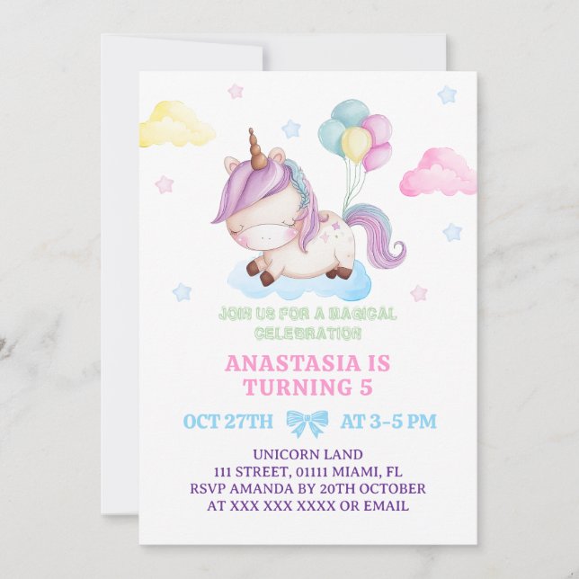 Girl Unicorn 5th Birthday Rainbow Party Invitation (Front)