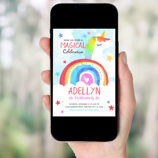 Girl Unicorn and Rainbow Birthday Invitation (Front Digital)