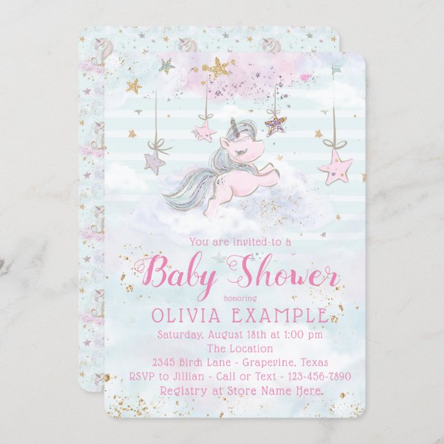 Girl Unicorn Baby Shower Invitations (Front/Back)