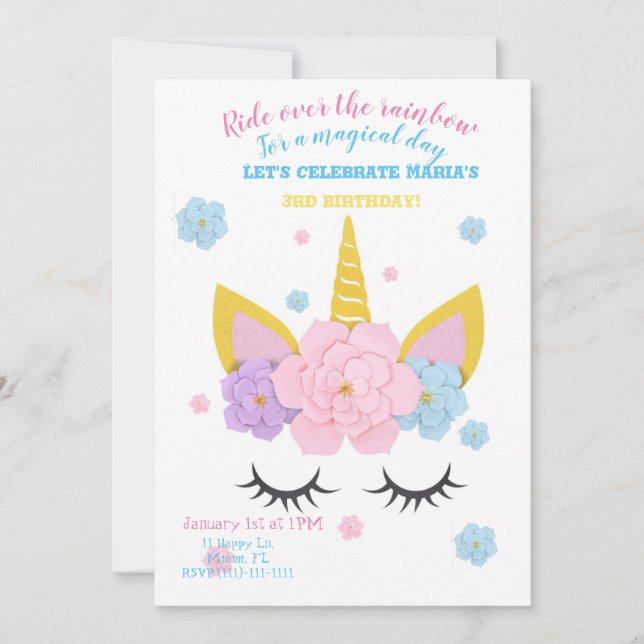 Girl unicorn birthday party invitation (Front)