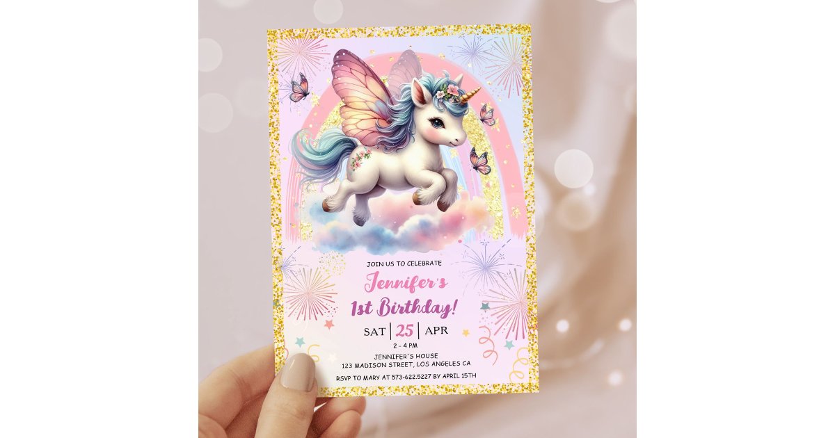 Girl Unicorn Gold Glitter Pink 1st Birthday Party Invitation | Zazzle