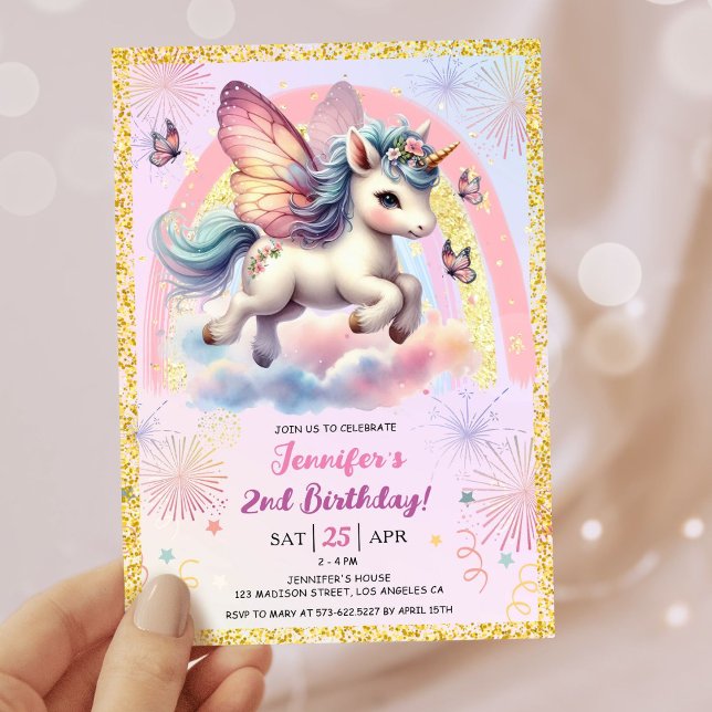 Girl Unicorn Gold Glitter Pink 2nd Birthday Party Invitation (#UnicornBirthdayInvitation #UnicornBirthdayInvitationTemplate #UnicornBirthdayInvitationEditable 
)