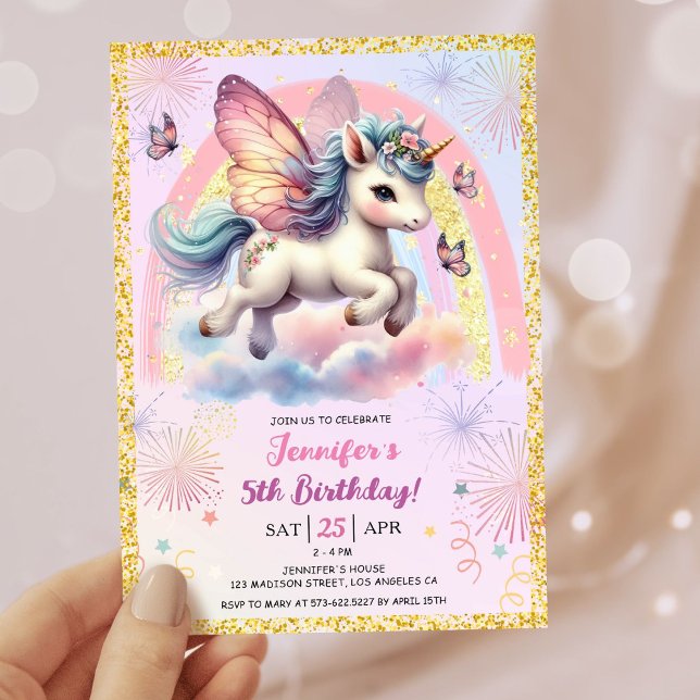 Girl Unicorn Gold Glitter Pink 5th Birthday Party Invitation (#UnicornBirthdayInvitation #UnicornBirthdayInvitationTemplate #UnicornBirthdayInvitationEditable)