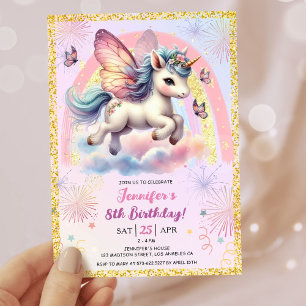 Girl Unicorn Gold Glitter Pink 8th Birthday Party Invitation