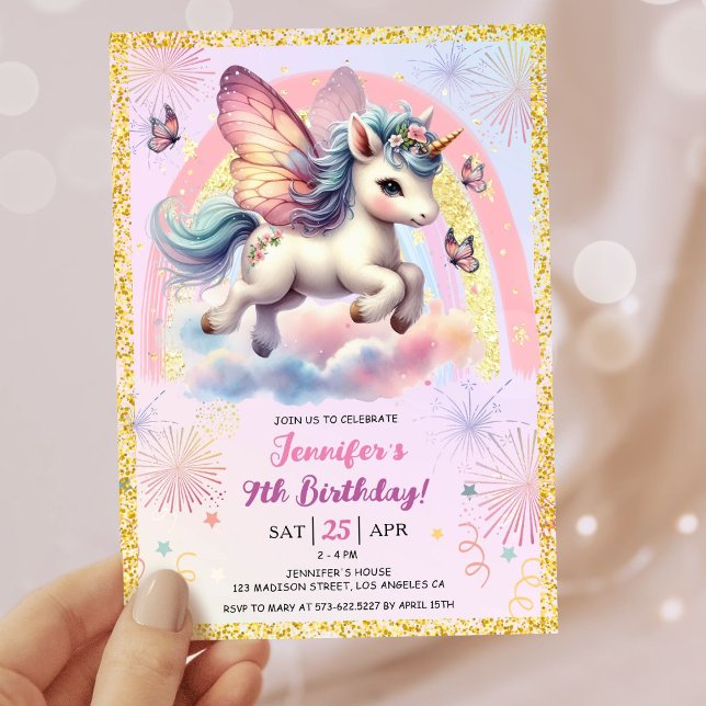 Girl Unicorn Gold Glitter Pink 9th Birthday Party Invitation (#UnicornBirthdayInvitation #UnicornBirthdayInvitationTemplate #UnicornBirthdayInvitationEditable)