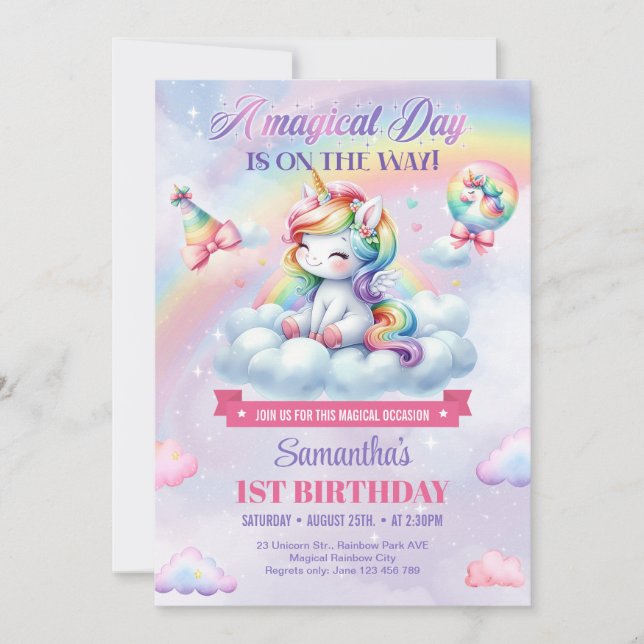 Girl Unicorn on a cloud and Rainbow 1st Birthday Invitation (Front)