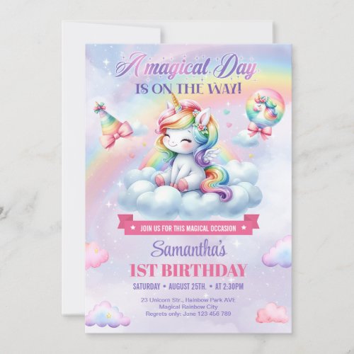 Girl Unicorn on a cloud and Rainbow 1st Birthday Invitation