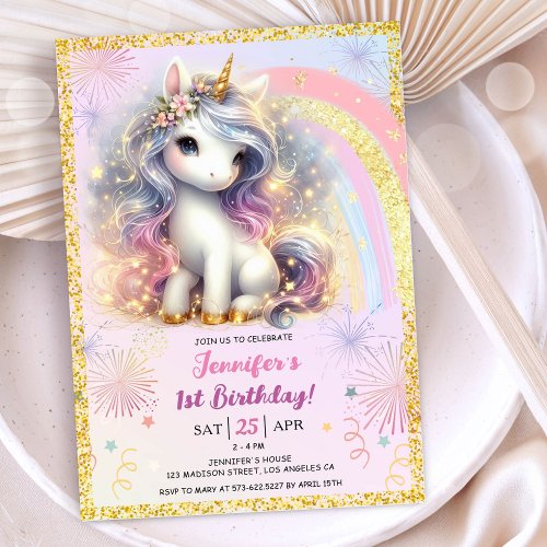 Girl Unicorn Pink Gold Glitter 1st Birthday Party Invitation