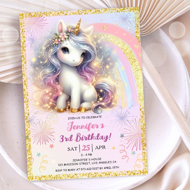 Girl Unicorn Pink Gold Glitter 3rd Birthday Party Invitation (Creator Uploaded)