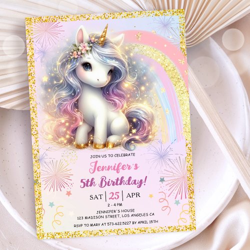 Girl Unicorn Pink Gold Glitter 5th Birthday Party Invitation