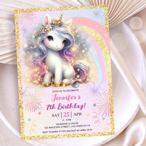 Girl Unicorn Pink Gold Glitter 7th Birthday Party Invitation