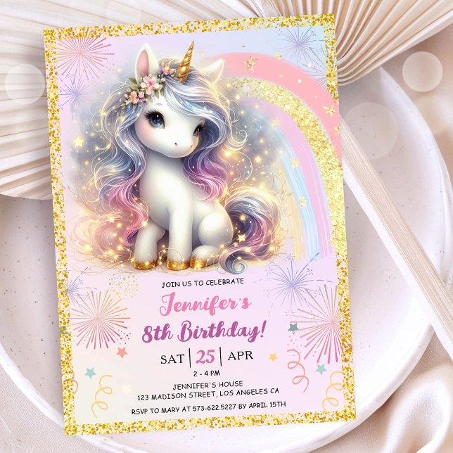Girl Unicorn Pink Gold Glitter 8th Birthday Party Invitation (#UnicornBirthdayInvitation #UnicornBirthdayInvitationTemplate #UnicornBirthdayInvitationEditable )