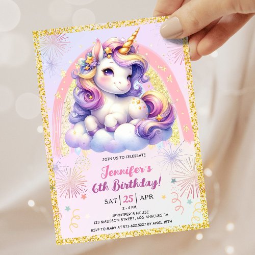 Girl Unicorn Purple Pink  Gold 6th Birthday Party Invitation