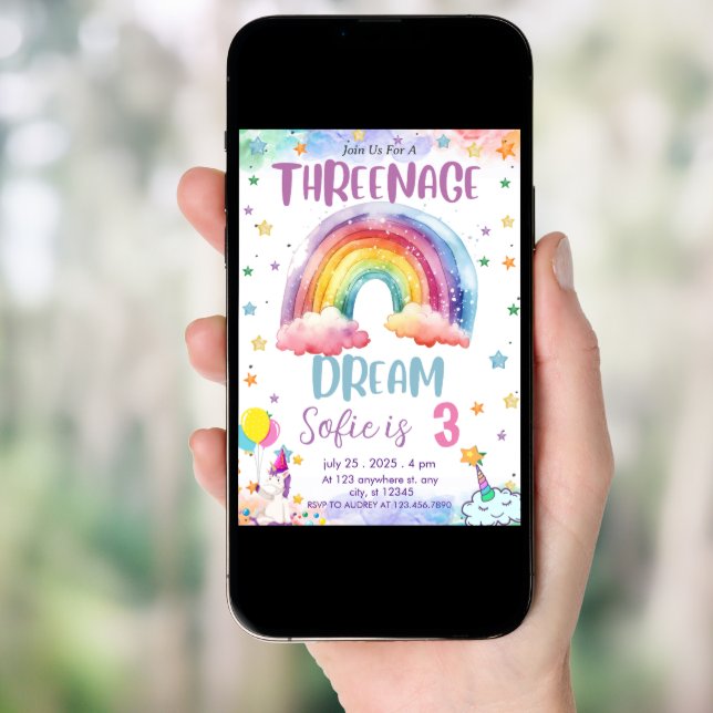Girl Unicorn Threenage Dream,Rainbow 3rd Birthday  Invitation (Front Digital)