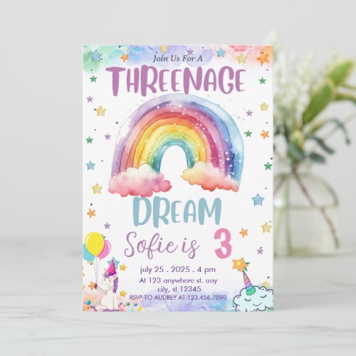 Girl Unicorn Threenage DreamRainbow 3rd Birthday  Invitation