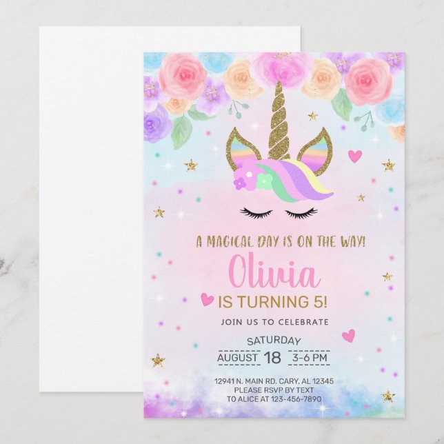Girl Unicorn watercolor and gold birthday invite. Invitation (Front/Back)