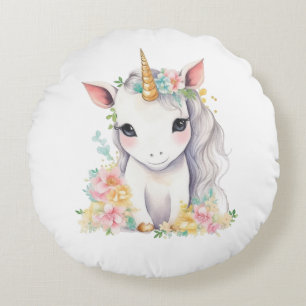 Girl unicorn white and rose watercolour round pillow