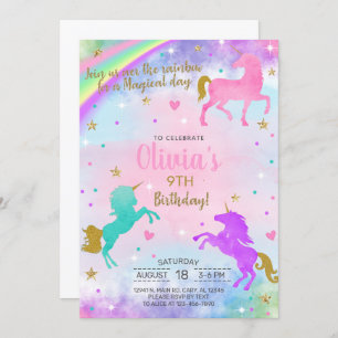 Girl unicorns watercolor gold birthday invitation. invitation