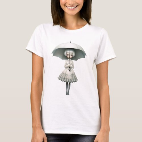 Girl using an umbrella in a vintage dress T_Shirt
