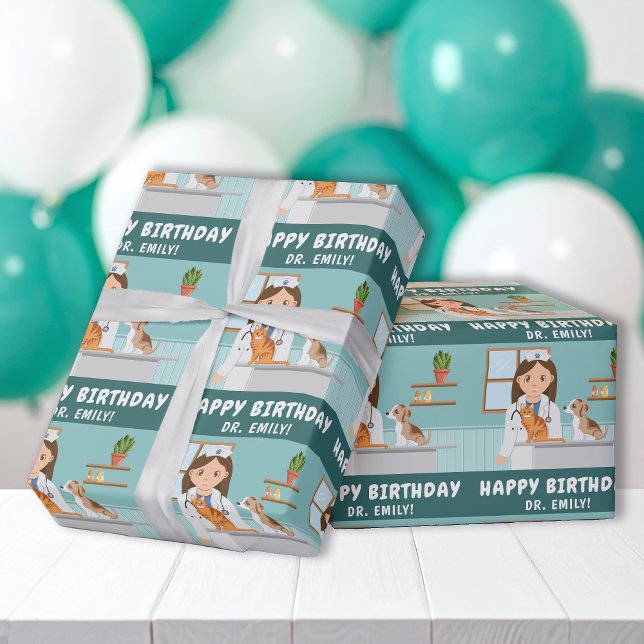 Girl Veterinarian Animal Clinic Happy Birthday Wrapping Paper (Creator Uploaded)